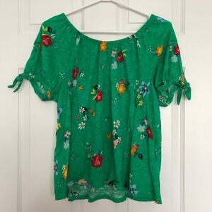 Style and Co Floral Tie Arm Blouse L Top Green Shirt Short Sleeve